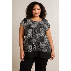 Chic Abstract Animal Print Black White Sheer Hem Tunic Top Cato Plus 18/20W